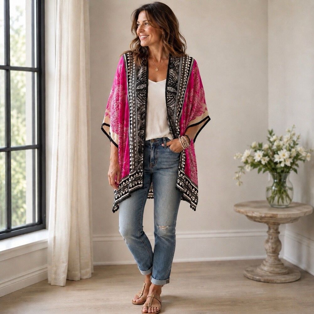 Chico’s Kimono Duster Cover-up Pink And Black Paisley Embroidered Boho Size S/M